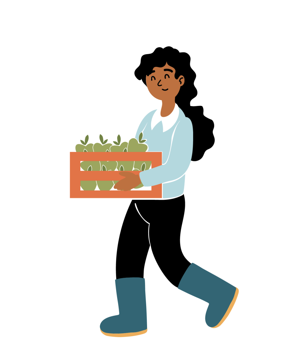 A person in boots walks carrying a crate of veggies